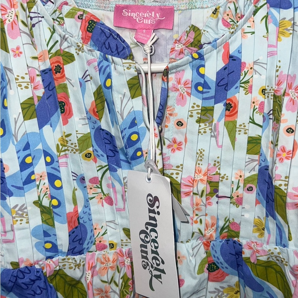 Sincerely Ours Womens Ruffled Blouse Small Peacock Blue Print - Picture 6 of 6